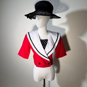 Vintage 1980s Red White & Black Polka Dot Nautical Cropped Blazer